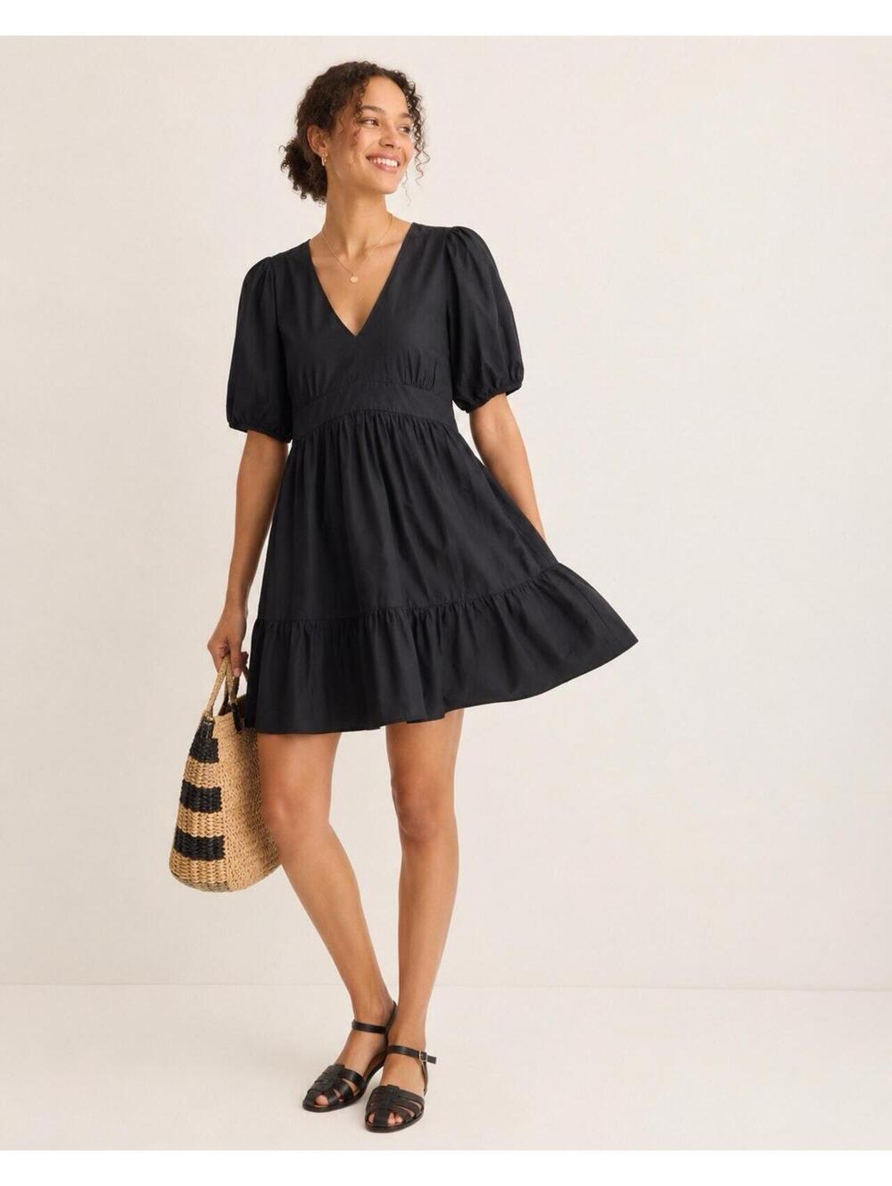 Boden Black Cotton Puff Sleeve Tiered Mini Dress Size 10R V Neck